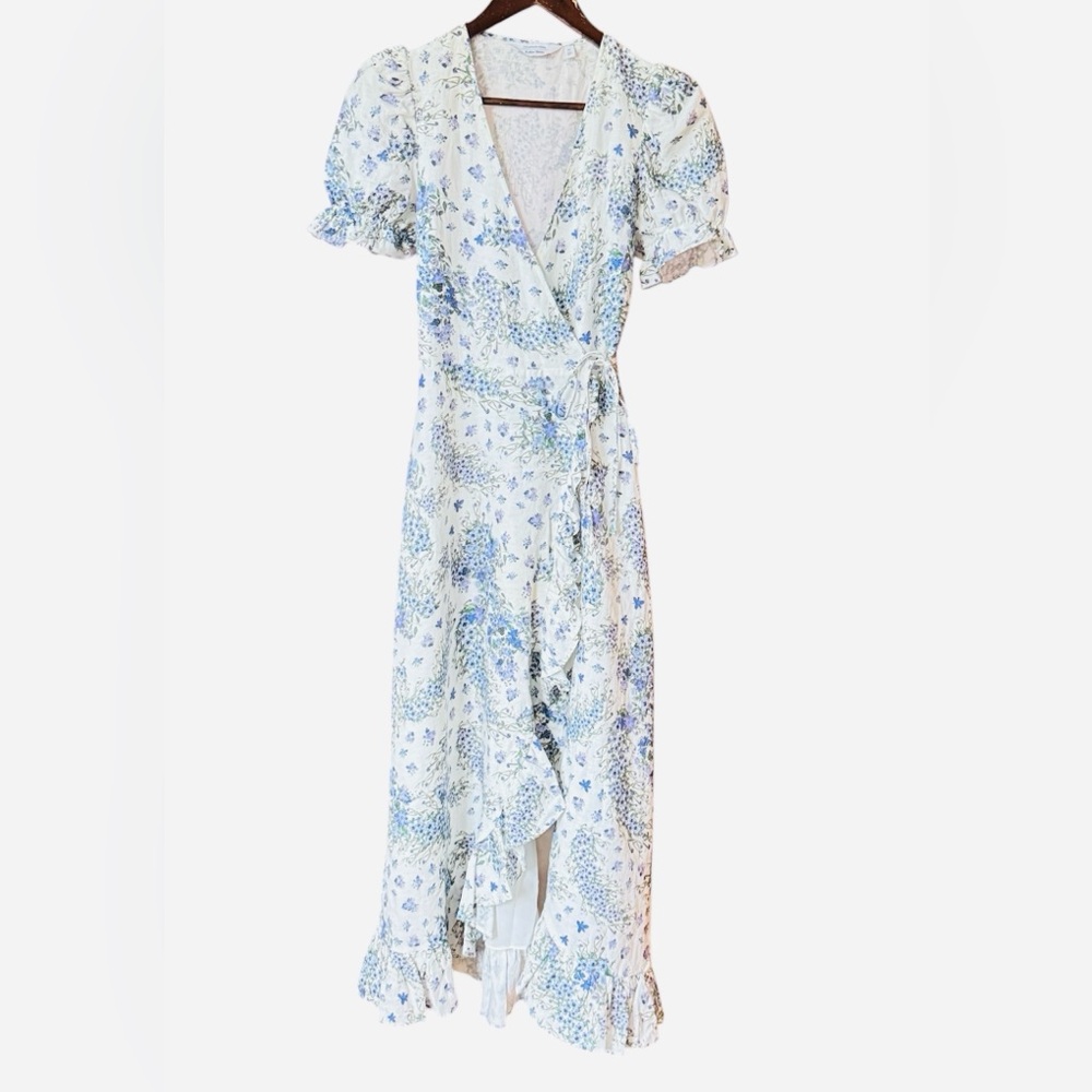 &OTHER STORIES BLUE AND WHITE FLORAL LINEN WRAP MIDI DRESS SIZE 0